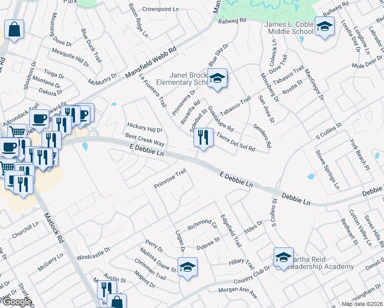 map of restaurants, bars, coffee shops, grocery stores, and more near 8108 Toltec Court in Arlington