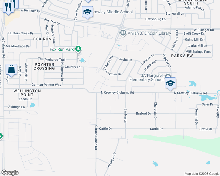 map of restaurants, bars, coffee shops, grocery stores, and more near 3037 North Crowley Cleburne Road in Crowley