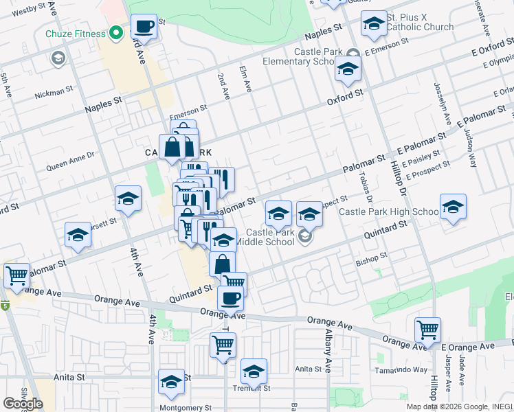 map of restaurants, bars, coffee shops, grocery stores, and more near 212 Palomar Street in Chula Vista