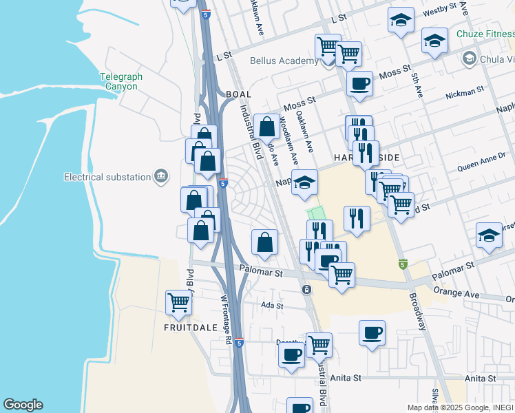 map of restaurants, bars, coffee shops, grocery stores, and more near 1100 Industrial Boulevard in Chula Vista