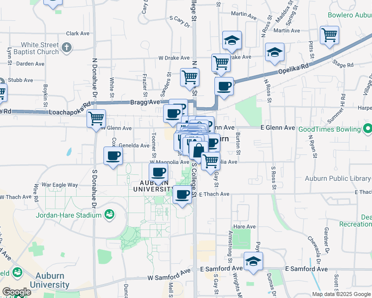 map of restaurants, bars, coffee shops, grocery stores, and more near 109 North College Street in Auburn
