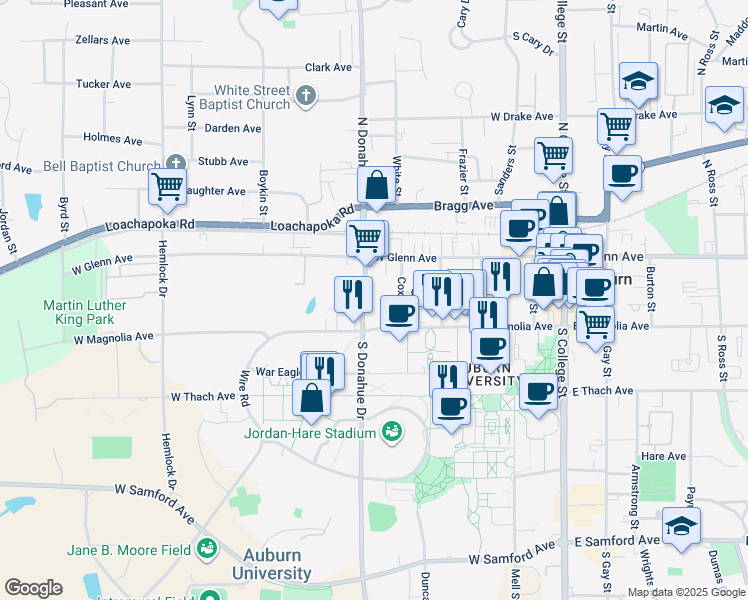 map of restaurants, bars, coffee shops, grocery stores, and more near 420 West Magnolia Avenue in Auburn