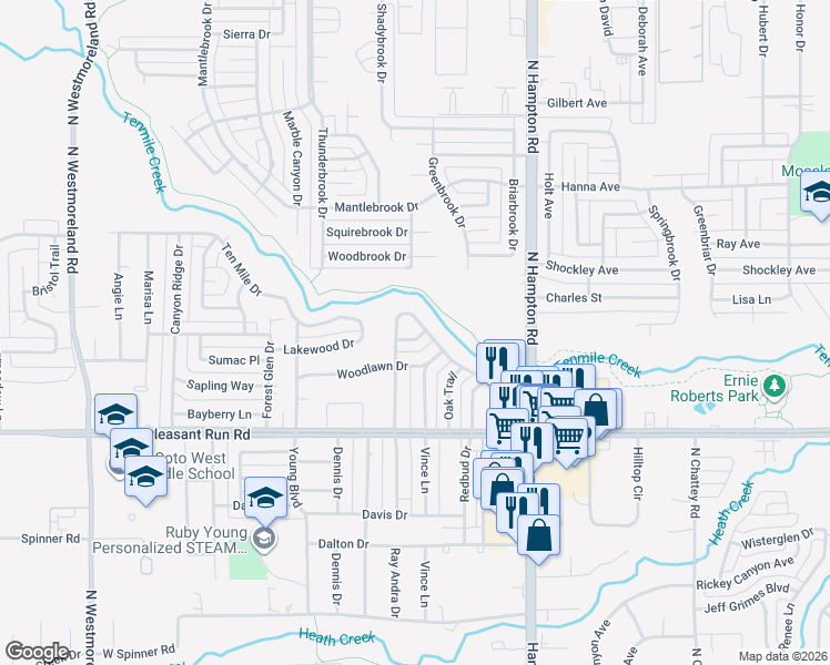 map of restaurants, bars, coffee shops, grocery stores, and more near 301 Lakewood Drive in DeSoto