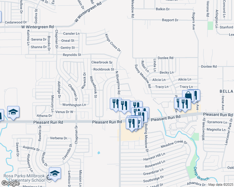 map of restaurants, bars, coffee shops, grocery stores, and more near 1451 North Bluegrove Road in Lancaster