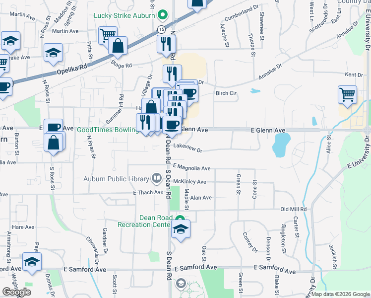 map of restaurants, bars, coffee shops, grocery stores, and more near 832 Lakeview Drive in Auburn