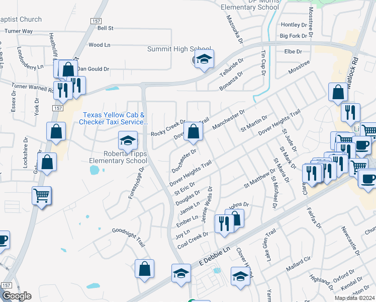 map of restaurants, bars, coffee shops, grocery stores, and more near 623 Dorchester Drive in Mansfield