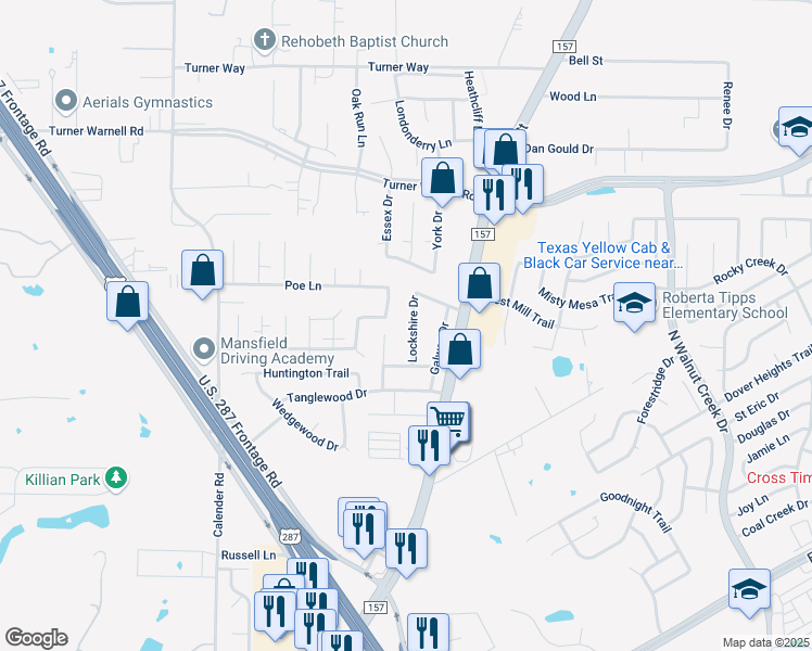 map of restaurants, bars, coffee shops, grocery stores, and more near 2216 Forest Creek Drive in Mansfield