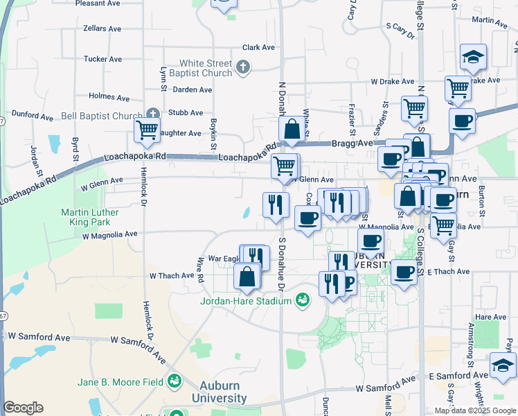map of restaurants, bars, coffee shops, grocery stores, and more near 129 Ann Street in Auburn