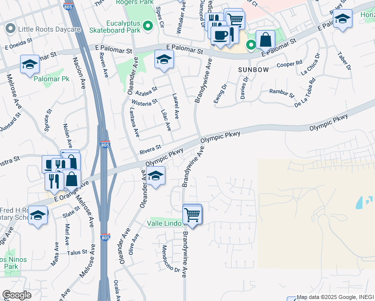 map of restaurants, bars, coffee shops, grocery stores, and more near 1540 Concord Way in Chula Vista
