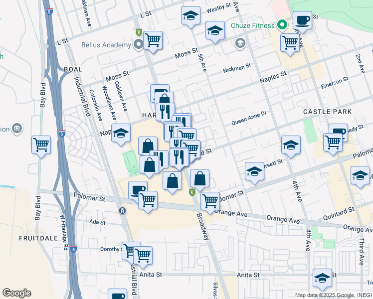 map of restaurants, bars, coffee shops, grocery stores, and more near 564 Oxford Street in Chula Vista