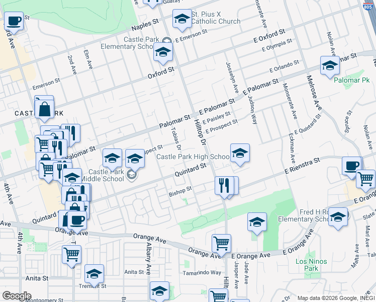 map of restaurants, bars, coffee shops, grocery stores, and more near 1376 Tobias Drive in Chula Vista