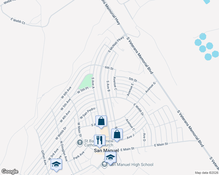 map of restaurants, bars, coffee shops, grocery stores, and more near 236 South Avenue B in San Manuel