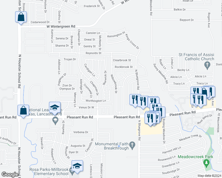 map of restaurants, bars, coffee shops, grocery stores, and more near 1444 Westin Court in Lancaster