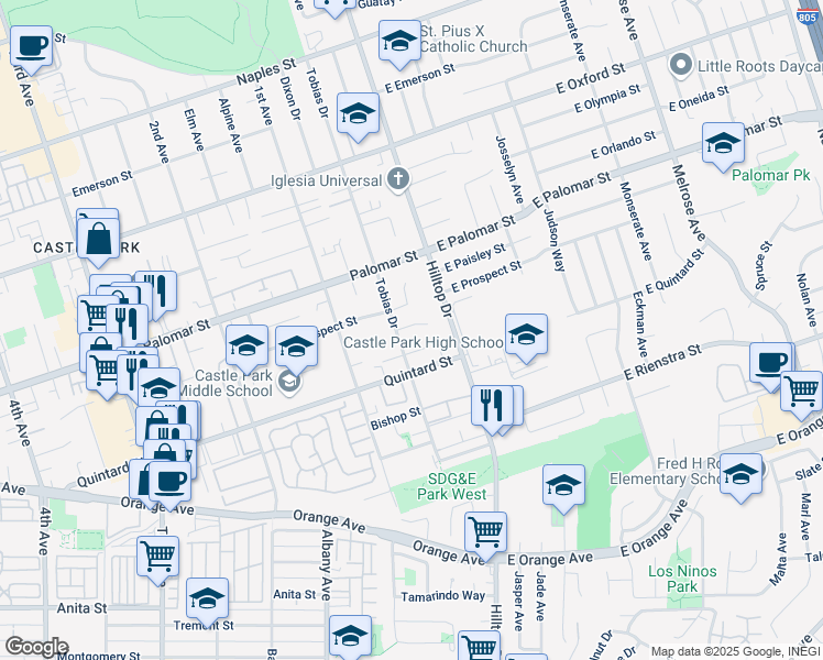 map of restaurants, bars, coffee shops, grocery stores, and more near 1376 Tobias Drive in Chula Vista