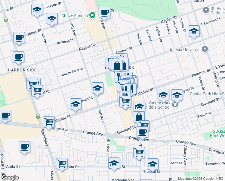 map of restaurants, bars, coffee shops, grocery stores, and more near 1285 Garrett Avenue in Chula Vista