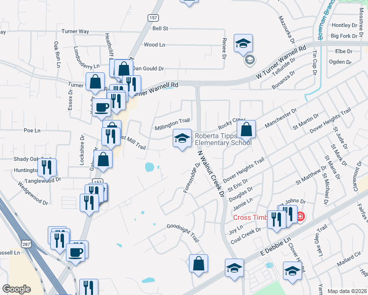 map of restaurants, bars, coffee shops, grocery stores, and more near 3001 N Walnut Creek Dr in Mansfield