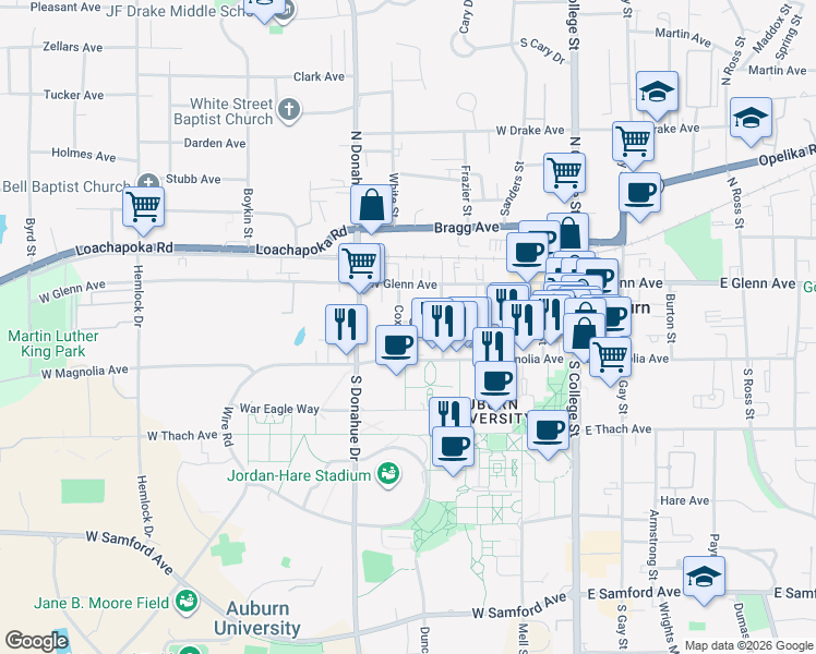 map of restaurants, bars, coffee shops, grocery stores, and more near 375 Genelda Avenue in Auburn