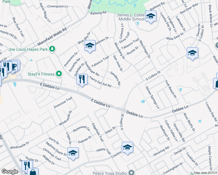 map of restaurants, bars, coffee shops, grocery stores, and more near 8206 Tierra Del Sol Road in Arlington