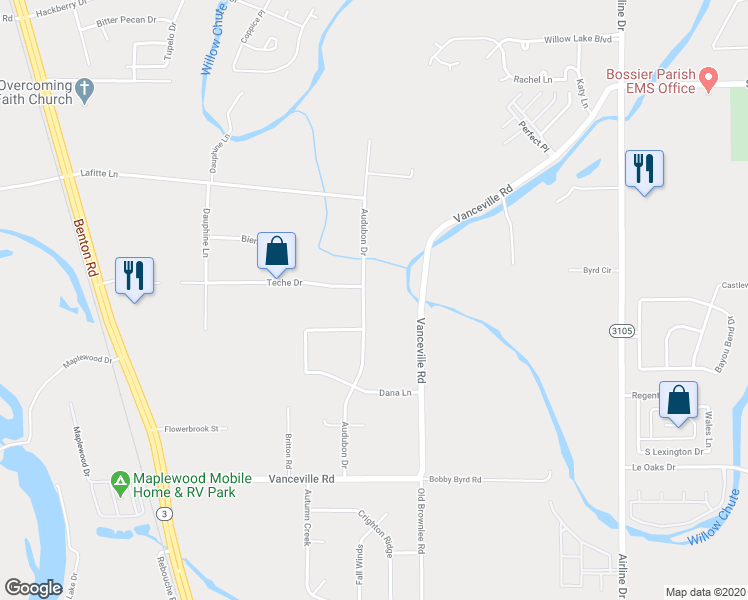 map of restaurants, bars, coffee shops, grocery stores, and more near 320 Audubon Drive in Bossier City