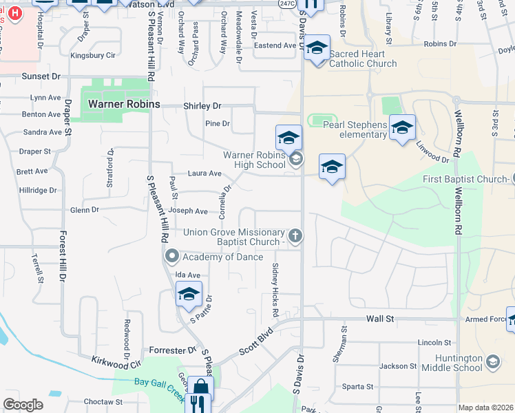 map of restaurants, bars, coffee shops, grocery stores, and more near 115 Hudson Drive in Warner Robins