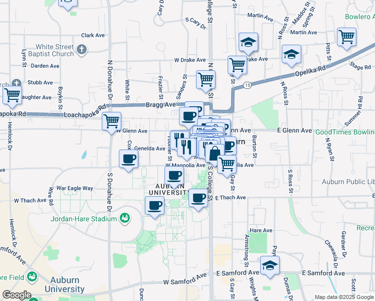 map of restaurants, bars, coffee shops, grocery stores, and more near 212 West Magnolia Avenue in Auburn