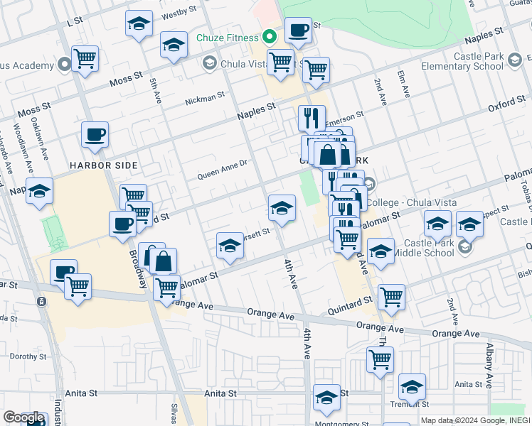 map of restaurants, bars, coffee shops, grocery stores, and more near 1240 4th Avenue in Chula Vista