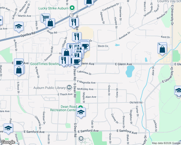 map of restaurants, bars, coffee shops, grocery stores, and more near 933 Lakeview Drive in Auburn
