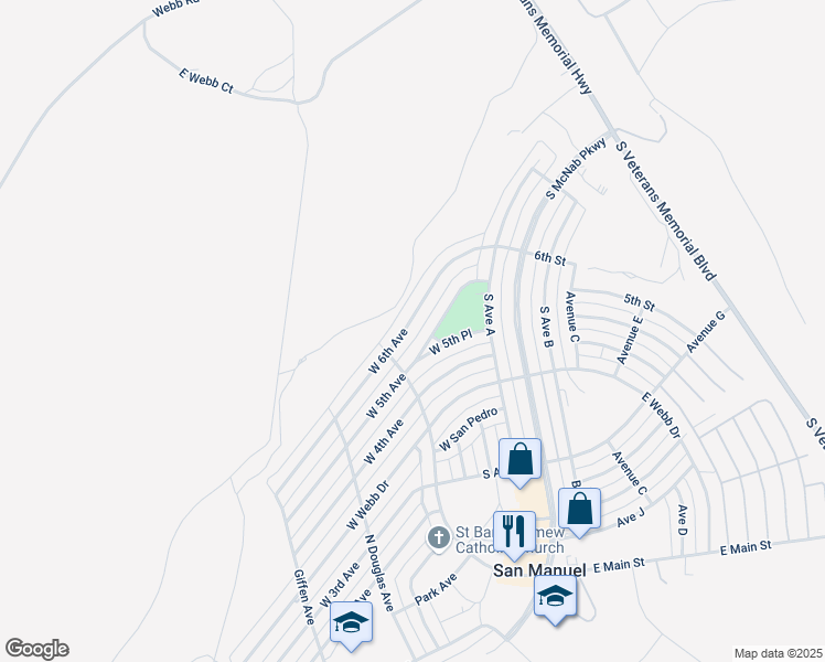map of restaurants, bars, coffee shops, grocery stores, and more near 141 West 6th Avenue in San Manuel