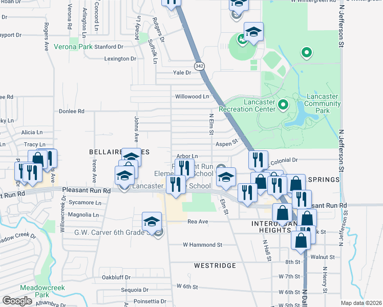 map of restaurants, bars, coffee shops, grocery stores, and more near 539 Arbor Lane in Lancaster