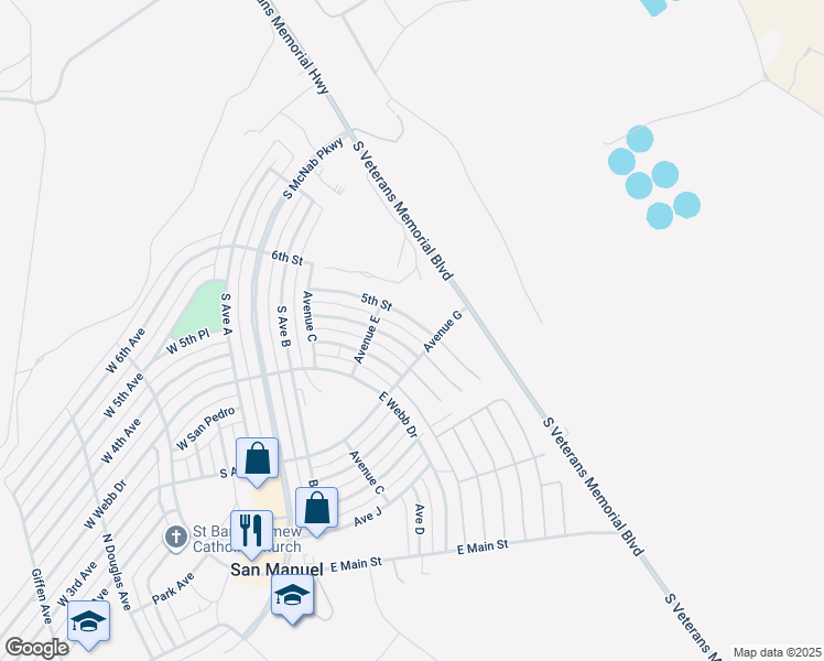 map of restaurants, bars, coffee shops, grocery stores, and more near 315 Avenue G in San Manuel