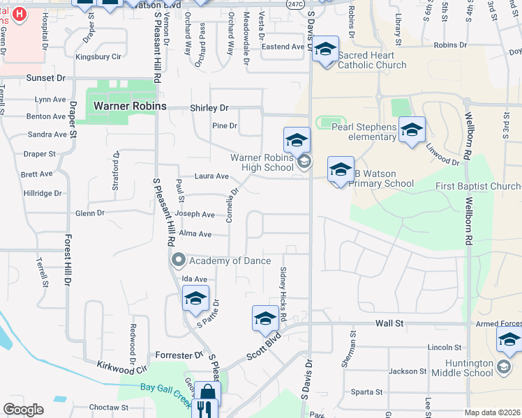 map of restaurants, bars, coffee shops, grocery stores, and more near 115 Hudson Drive in Warner Robins