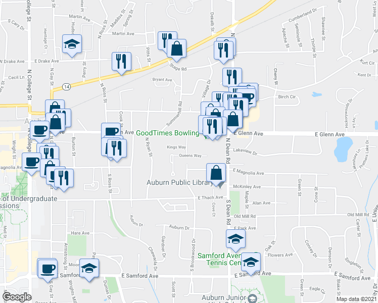 map of restaurants, bars, coffee shops, grocery stores, and more near 701 Queens Way in Auburn