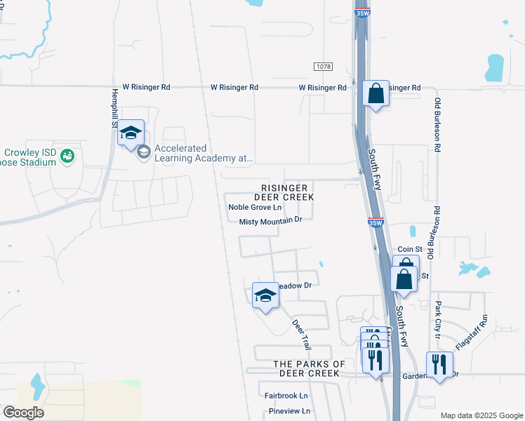 map of restaurants, bars, coffee shops, grocery stores, and more near 529 Noble Grove Lane in Fort Worth