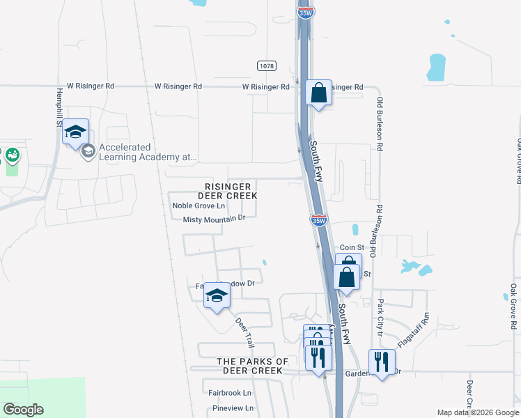 map of restaurants, bars, coffee shops, grocery stores, and more near 305 Misty Mountain Drive in Fort Worth