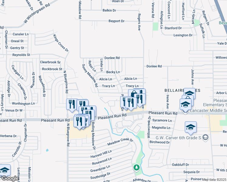 map of restaurants, bars, coffee shops, grocery stores, and more near 1121 Nancy Lane in Lancaster