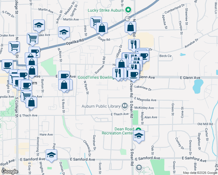 map of restaurants, bars, coffee shops, grocery stores, and more near 698 Queens Way in Auburn
