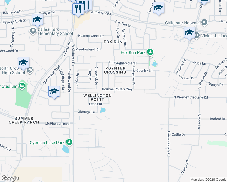 map of restaurants, bars, coffee shops, grocery stores, and more near 4140 Glen Abbey Drive in Crowley