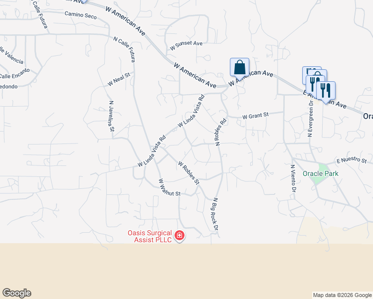 map of restaurants, bars, coffee shops, grocery stores, and more near 710 North Redbud Drive in Oracle