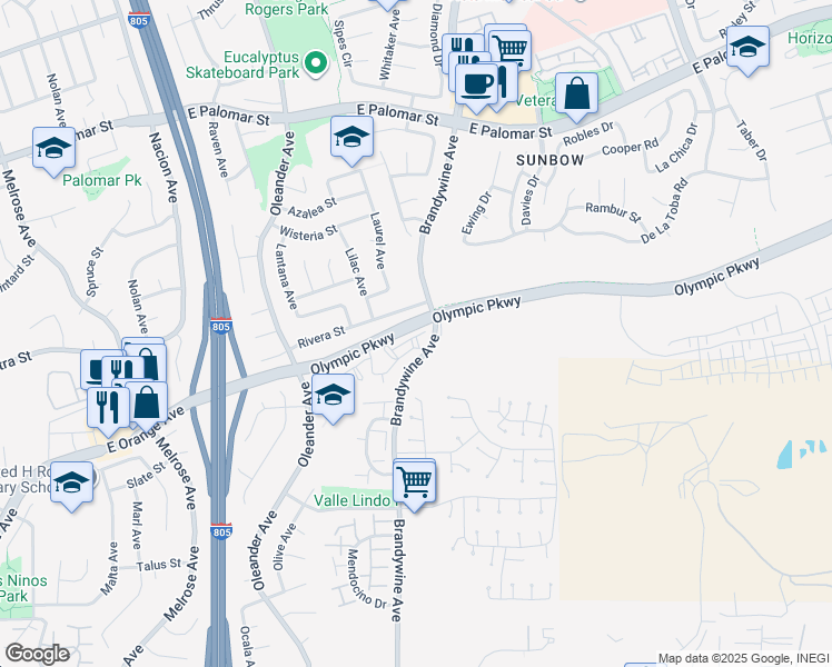 map of restaurants, bars, coffee shops, grocery stores, and more near 1540 Concord Way in Chula Vista