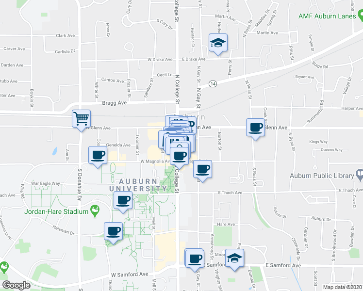 map of restaurants, bars, coffee shops, grocery stores, and more near 109 North College Street in Auburn