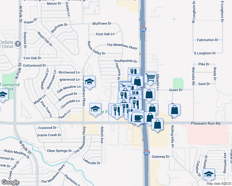 map of restaurants, bars, coffee shops, grocery stores, and more near 1020 Pecan Crossing Drive in DeSoto