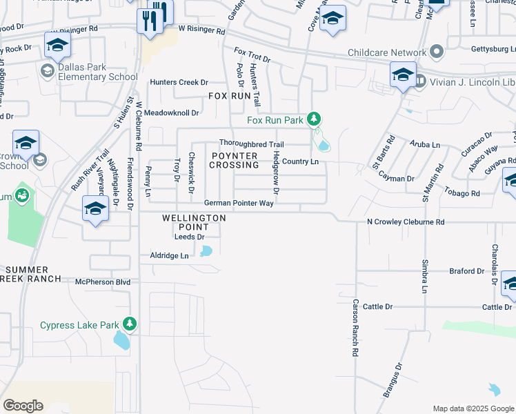 map of restaurants, bars, coffee shops, grocery stores, and more near 4013 German Pointer Way in Fort Worth