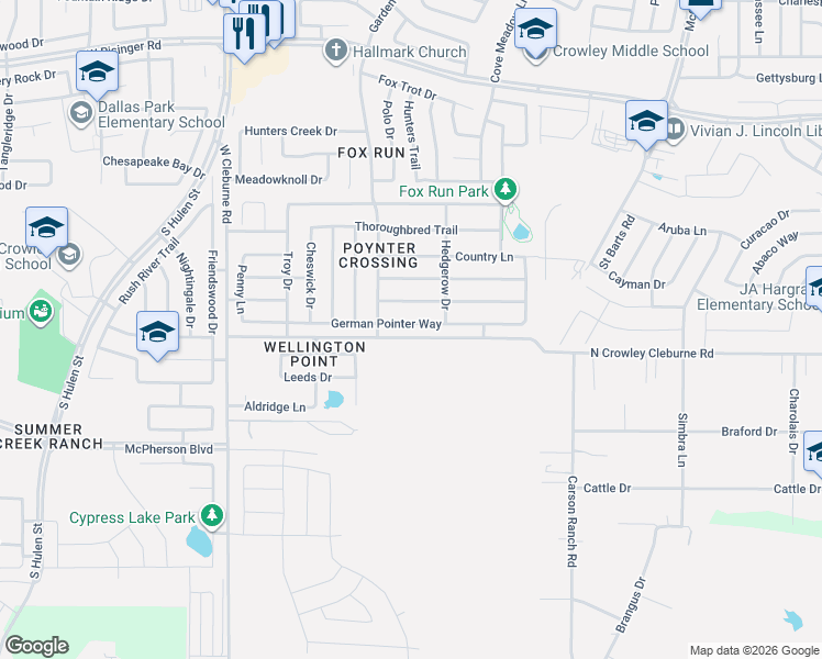 map of restaurants, bars, coffee shops, grocery stores, and more near 4013 German Pointer Way in Fort Worth