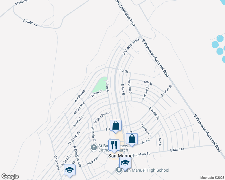 map of restaurants, bars, coffee shops, grocery stores, and more near 239 South Avenue A in San Manuel