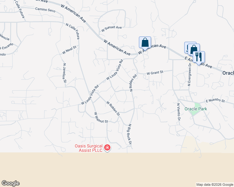 map of restaurants, bars, coffee shops, grocery stores, and more near 670 West Pajaro Street in Oracle