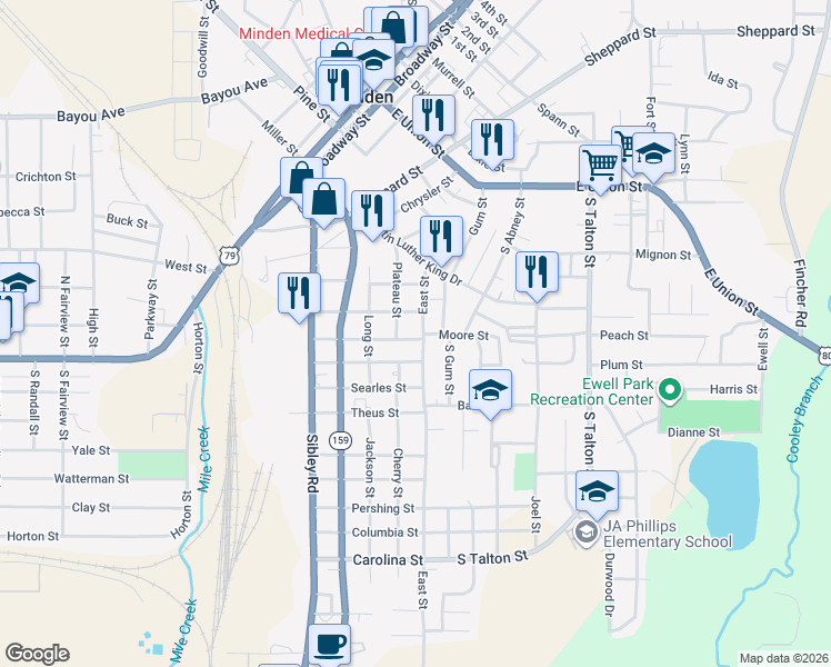 map of restaurants, bars, coffee shops, grocery stores, and more near 407 Chestnut Street in Minden