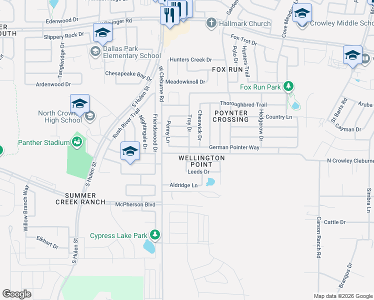 map of restaurants, bars, coffee shops, grocery stores, and more near 4252 Glen Abbey Drive in Crowley