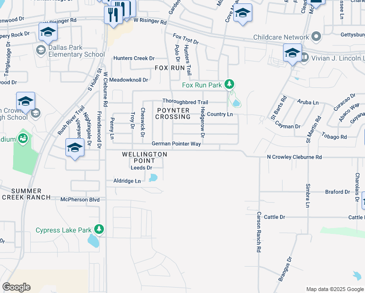 map of restaurants, bars, coffee shops, grocery stores, and more near 4013 German Pointer Way in Fort Worth