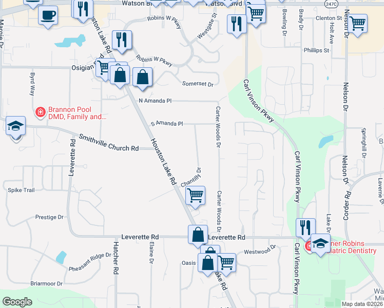 map of restaurants, bars, coffee shops, grocery stores, and more near 466 South Houston Lake Road in Warner Robins