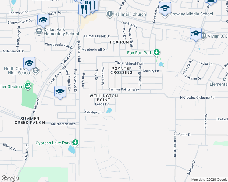 map of restaurants, bars, coffee shops, grocery stores, and more near 4121 German Pointer Way in Fort Worth